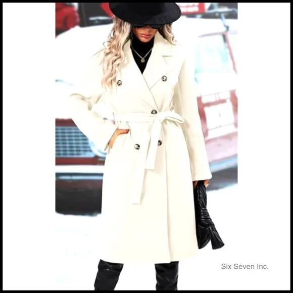 Wool Blend Double Breasted Pea Coat with Belt and Pockets - Picture 2 of 5